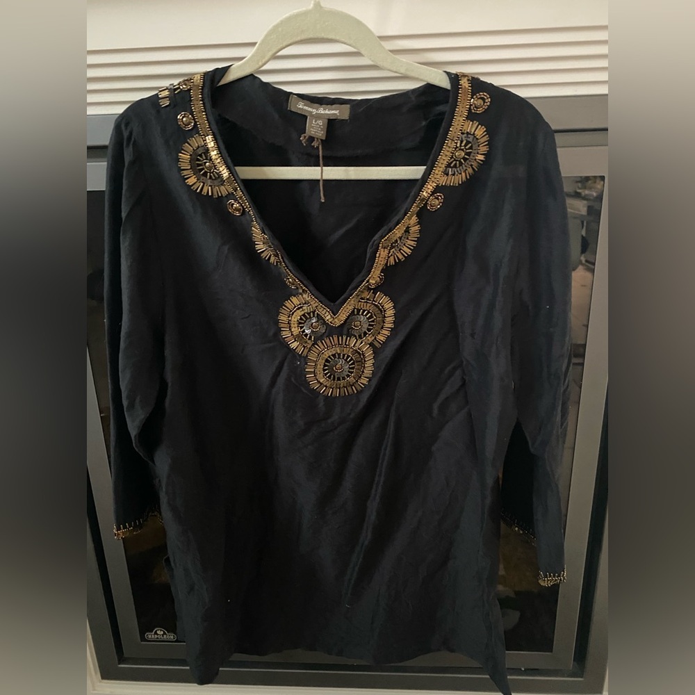 Tommy Bahama Black and Gold Silk/Cotton Blend Embellished Tunic - Sz Large